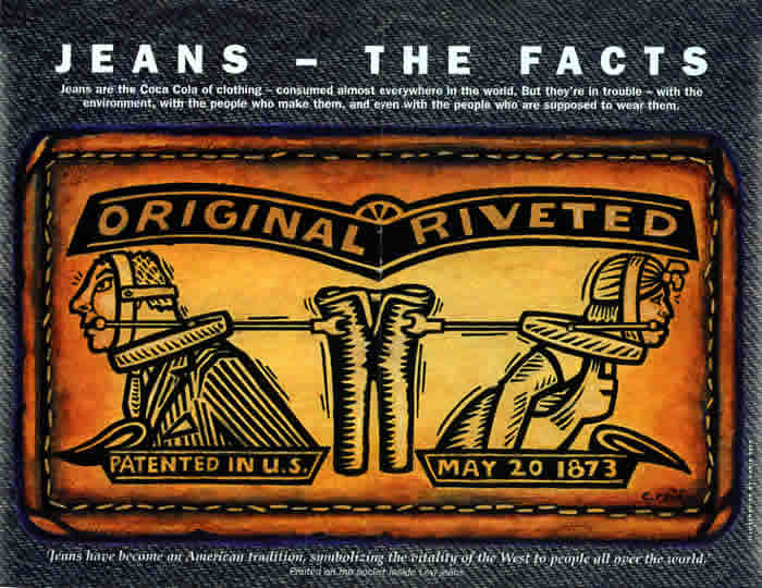 Fig. 1: New Internationalist Magazine, June 1998. Illustration by Chris Reid for an article about the labour conditions under which blue jeans are produced.