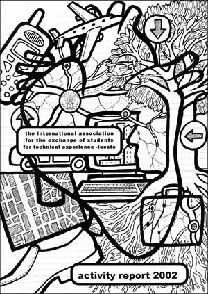 Fig. 10: Cover illustration for the IAESTE (International Association for the Exchange of Students for Technical Experience) Activity Report 2002, edited by James E Reid. The image was a response to an open brief which showed the creative, expansive, and potential that IAESTE exchanges offered participants.