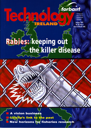 Fig. 8: Cover illustration for Technology Ireland, January 1997, edited by Mary Mulvihill. The image was a response to an article by Coilin MacLochlainn that was outlined the possibility of Rabies spreading from Mainland Europe to Ireland and the consequences of this.