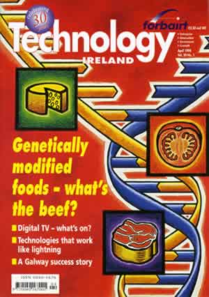 Fig. 5: Cover illustration for Technology Ireland, April 1998, edited by Mary Mulvihill. The image was a response to an article that outlined possible consequences regarding the introduction of genetic food farming.