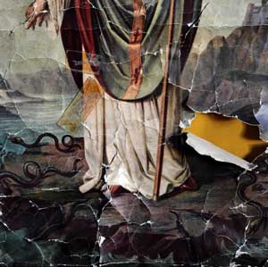 Fig 15:  Detail from fig.14: A slashed and torn banner found in an abandoned Dublin Convent and Magdalene Laundry
